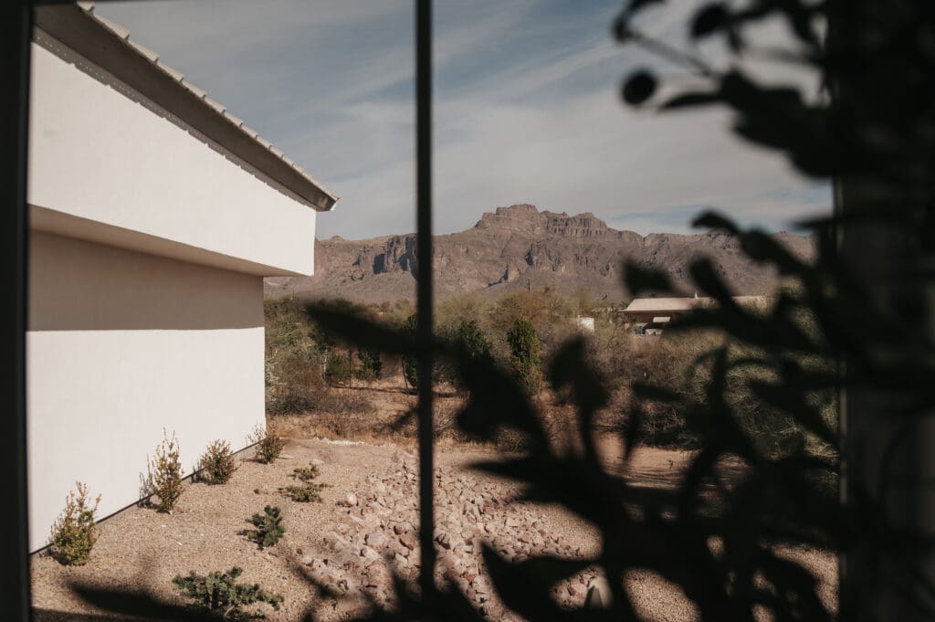 Outside detail shot of Desert View wedding venue with desert landscape in background.