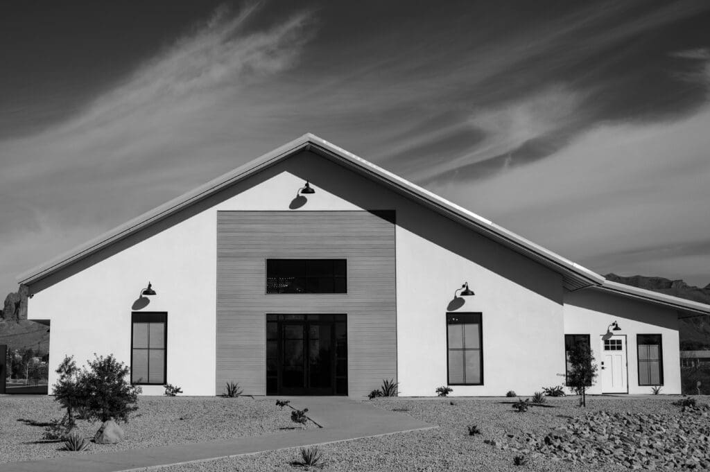 Entrance to Desert View Weddings and Events main building in black and white. 