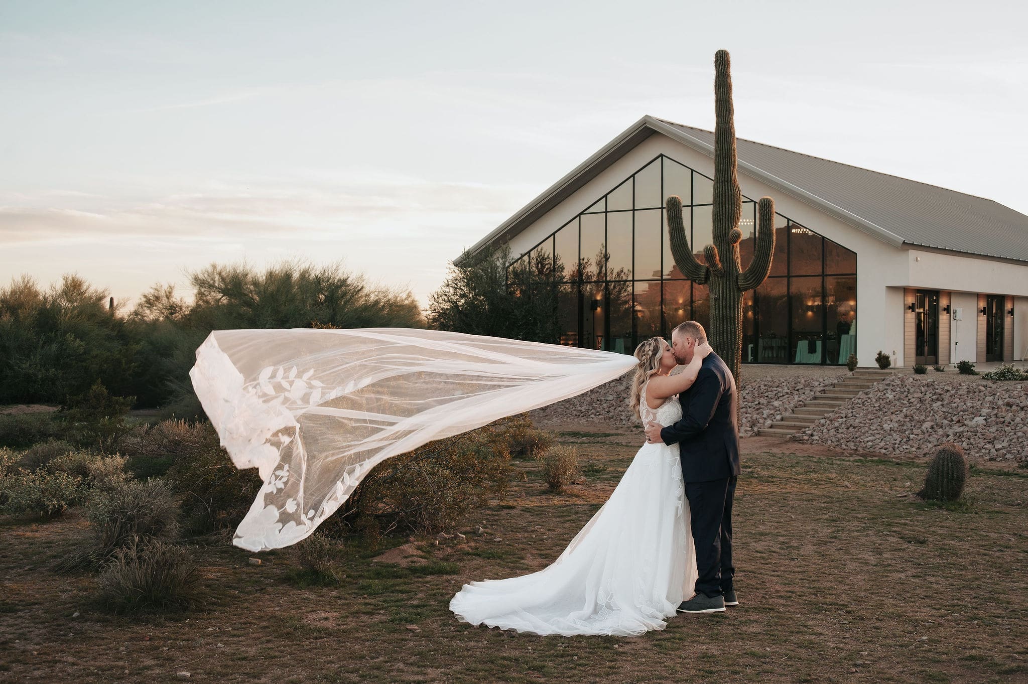 Bride and Groom share kiss in front of cactus at Desert View Weddings and Events captured by Scottsdale, AZ photographer Brayley Fleetwood.