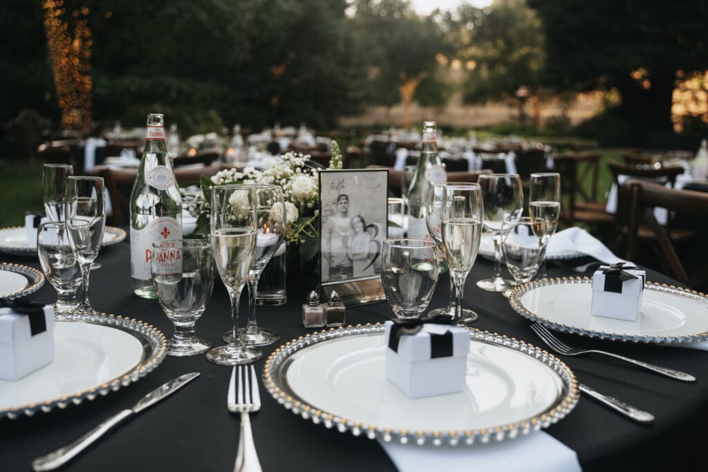 Luxury wedding table settings photographed during a Nestldown wedding reception in Los Gatos.