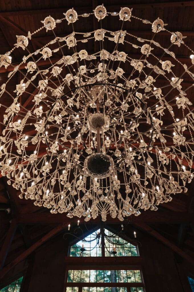 Photo of the chandelier in the barn at Nestldown.