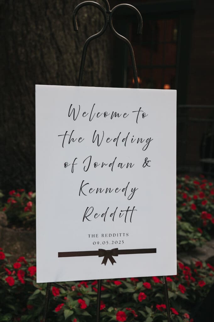 Detail shot of a wedding entrance sign at Nestldown.
