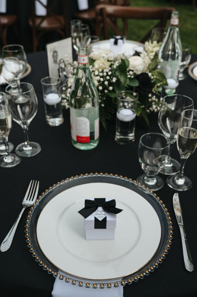 Elegant black and white wedding table design details at Nestldown wedding venue.