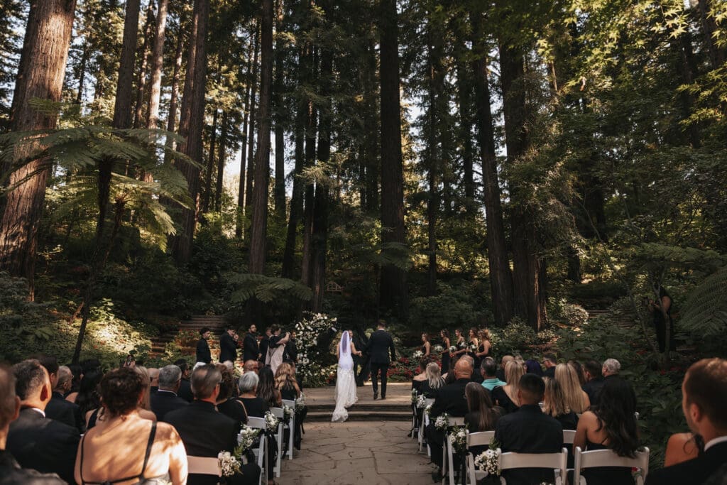 Wide shot of bride and groom walking up stairs to alter during wedding ceremony in the redwood trees at Nesltdown in Los Gatos, CA. 