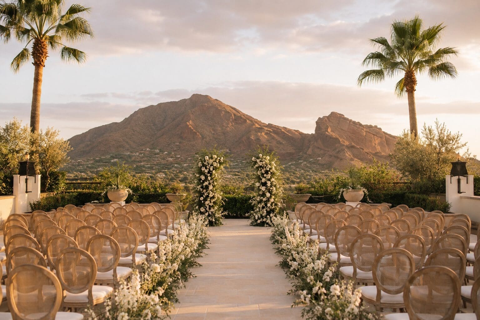 Luxury outdoor ceremony space at a Scottsdale Arizona wedding venue with mountain views and elegant desert resort styling