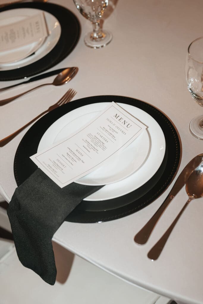 Editorial-style reception dinner table details.