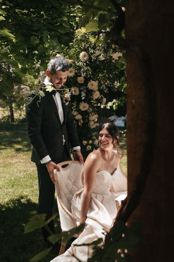 Romantic bride and groom portrait in the gardens at Villa Catalana Cellars wedding venue near Portland, Oregon.