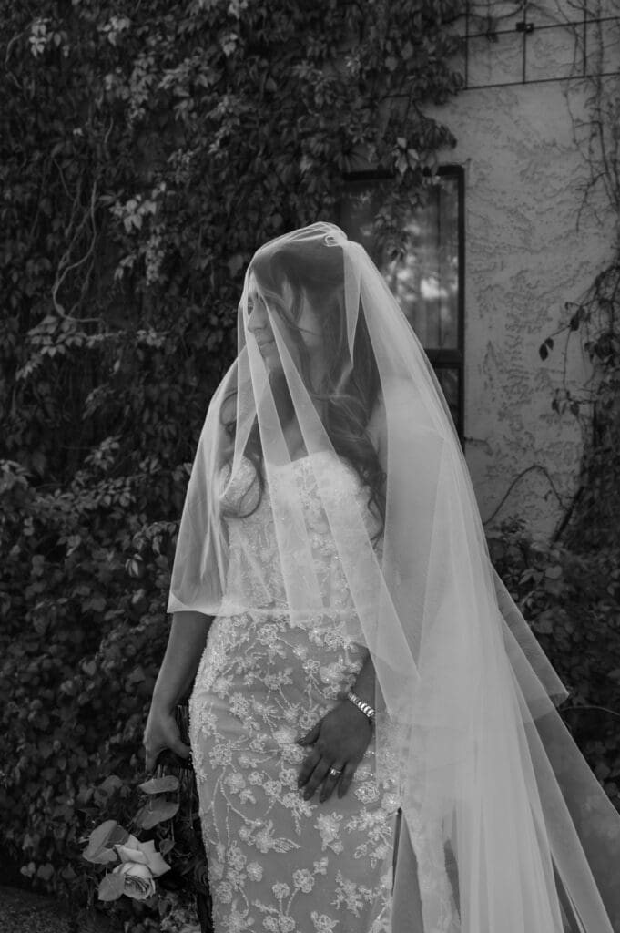 Editorial bridal portrait with veil photographed at The Paseo Venue by a Scottsdale wedding photographer.