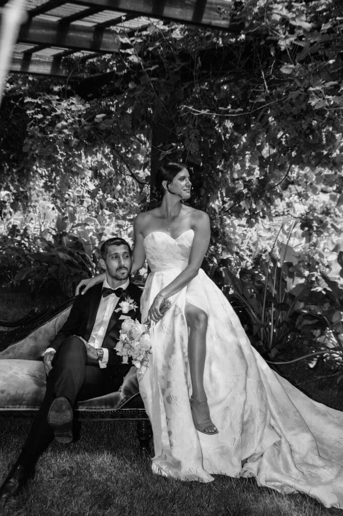 Black and white wedding portrait of bride and groom at Villa Catalana Cellars near Portland, Oregon.