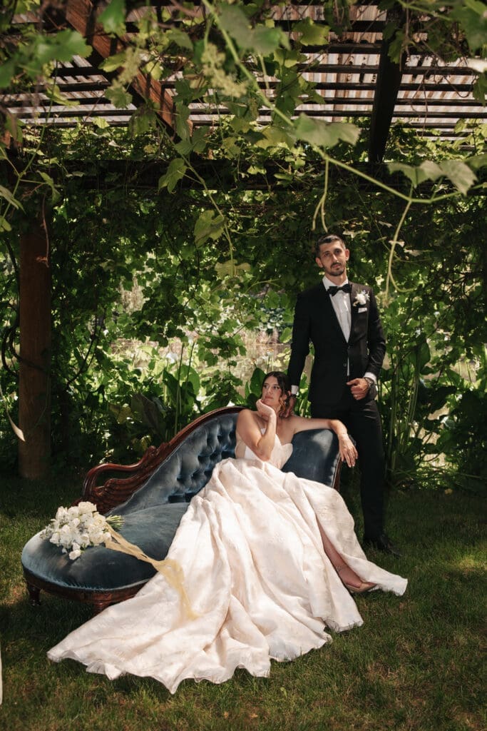 Sophisticated bride and groom portrait captured at Villa Catalana Cellars near Portland, Oregon.