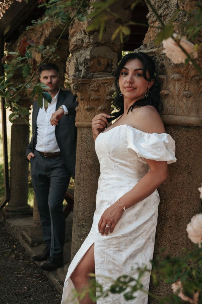 Elegant wedding portrait with stone architecture at Villa Catalana Cellars near Portland.