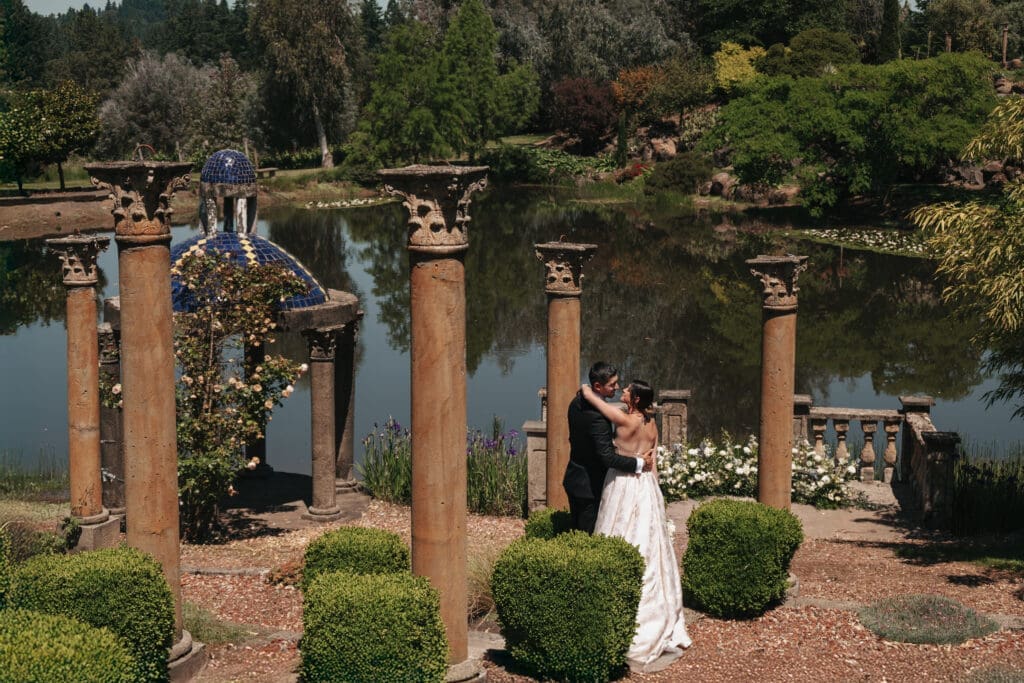 Scenic garden pathways and ceremony spaces at Villa Catalana Cellars near Portland, Oregon.