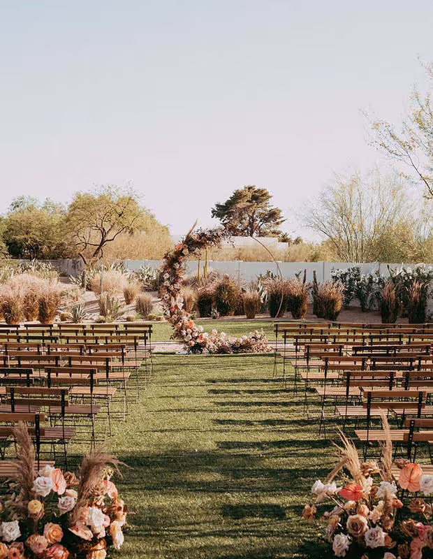 Elegant Scottsdale wedding venue ceremony setup with luxury desert mountain views in Arizona. 