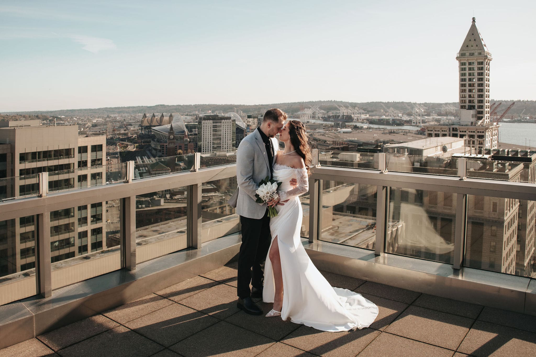 Couple on a rooftop at their Seattle Courthouse wedding