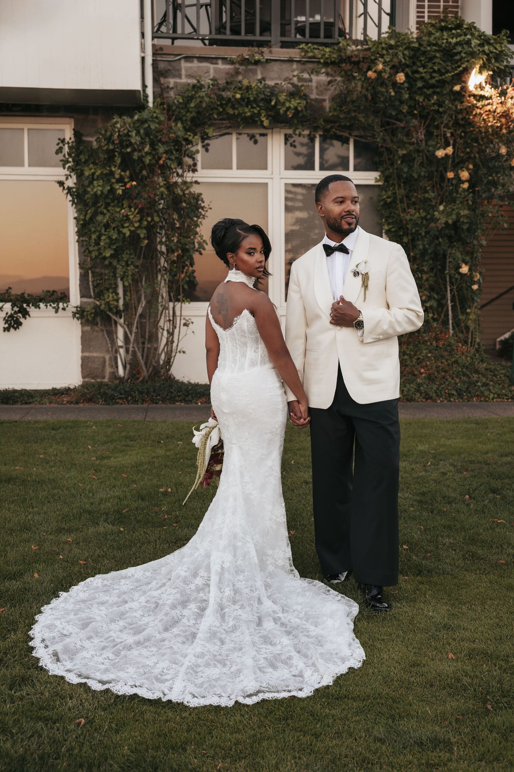 Couple at sunset at their Oregon Golf Club wedding
